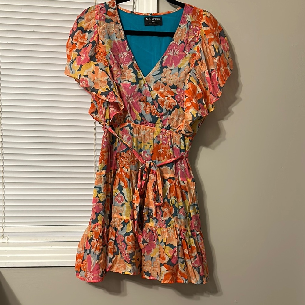 MINKPINK Orange Pink Ruffled Tie Front Mini Sundress